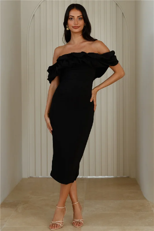 Idolise Off Shoulder Frill Midi Dress Black