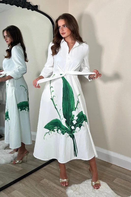 Isabella Long Sleeve Shirt Dress White Green Leaf