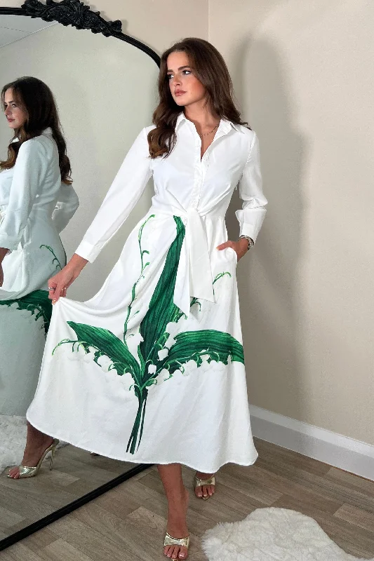 Isabella Long Sleeve Shirt Dress White Green Leaf