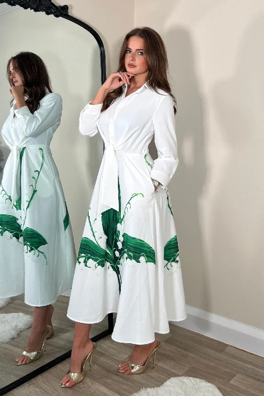 Isabella Long Sleeve Shirt Dress White Green Leaf