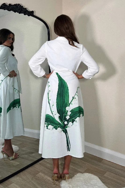 Isabella Long Sleeve Shirt Dress White Green Leaf