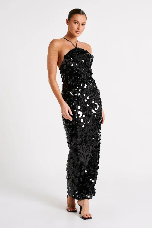 April Sequin Halter Maxi Dress - Black