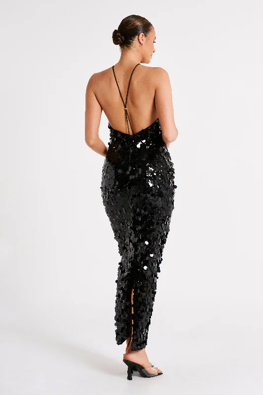 April Sequin Halter Maxi Dress - Black