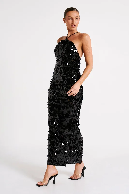 April Sequin Halter Maxi Dress - Black