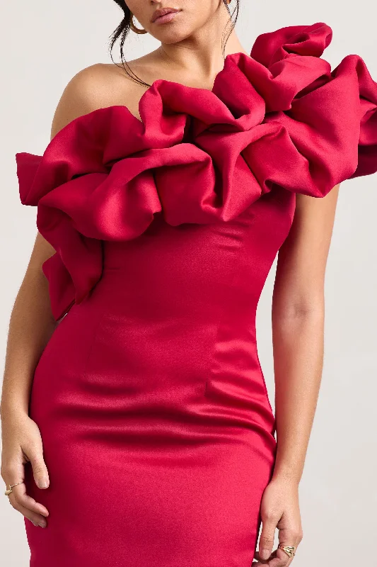 At The Opera | Red Satin One Shoulder Ruffled Mini Dress