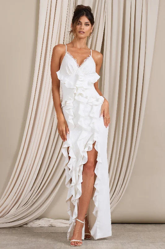 Clematis | White Lace Strappy Ruffled Maxi Dress