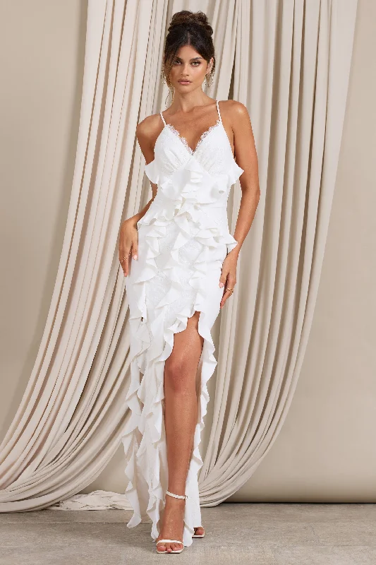 Clematis | White Lace Strappy Ruffled Maxi Dress