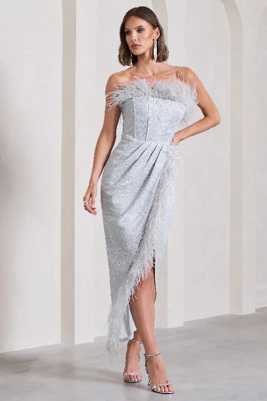 Crystal | Silver Metallic Bandeau Corset Maxi Dress With Feather Trims