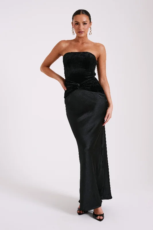 Danna Strapless Satin Velvet Maxi Dress - Black