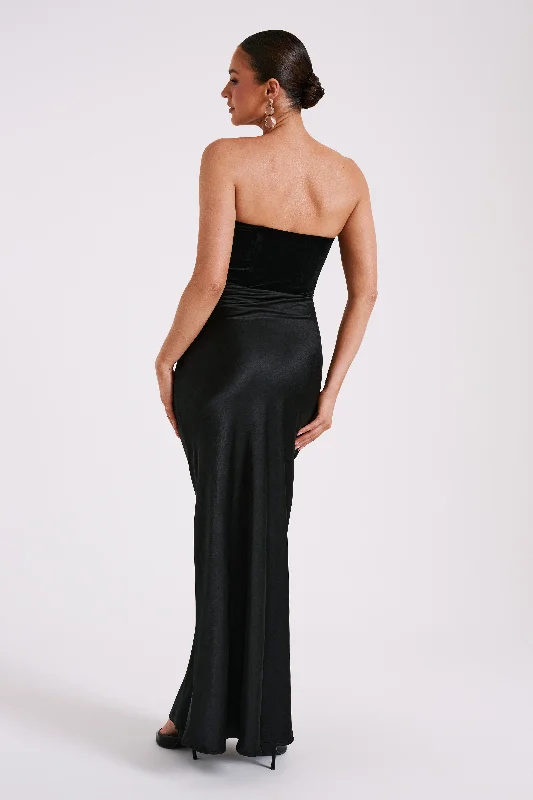 Danna Strapless Satin Velvet Maxi Dress - Black