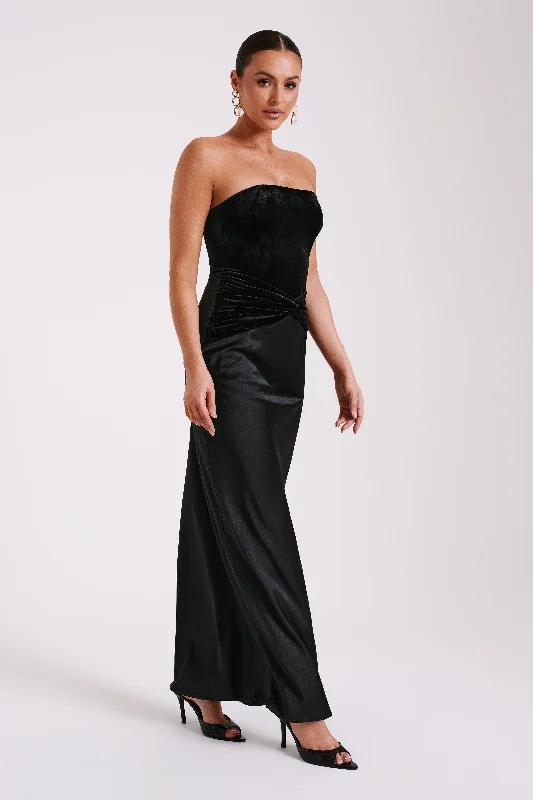 Danna Strapless Satin Velvet Maxi Dress - Black