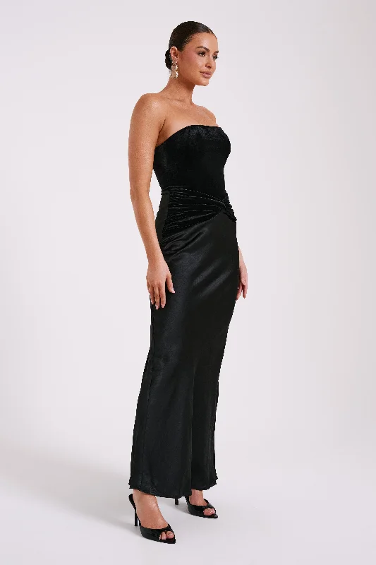 Danna Strapless Satin Velvet Maxi Dress - Black