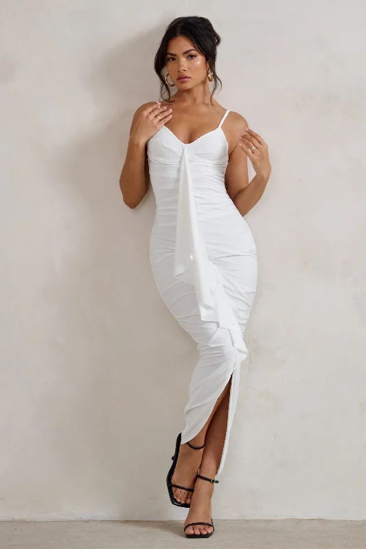 Dorothy | White Plunge V Neckline Ruffle Midi Dress