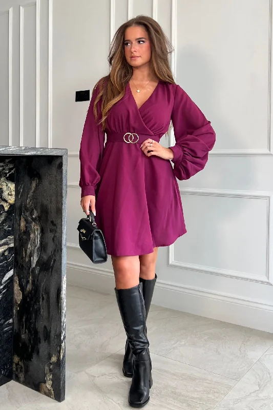 Floretta Berry Long Sleeve Buckle Skater Dress