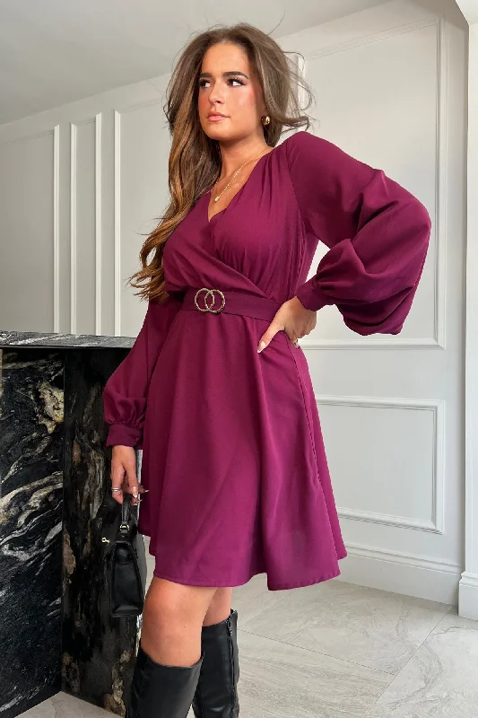 Floretta Berry Long Sleeve Buckle Skater Dress