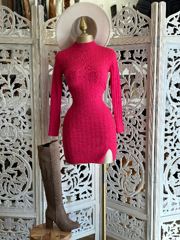 Fluorescent Pink Sweater Mock Neck Mini Dress