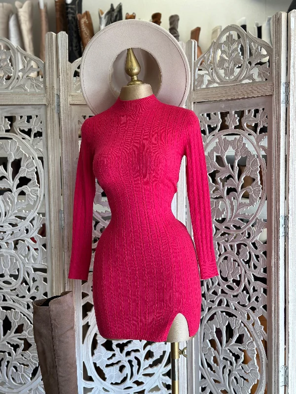 Fluorescent Pink Sweater Mock Neck Mini Dress