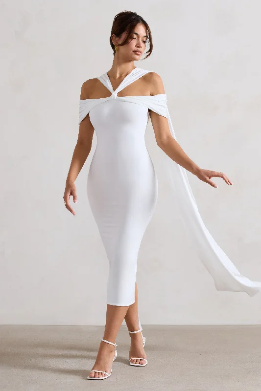 Galia | White Strappy Midi Dress With Drape