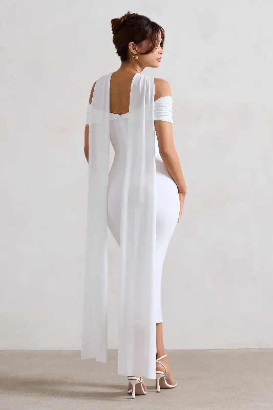 Galia | White Strappy Midi Dress With Drape