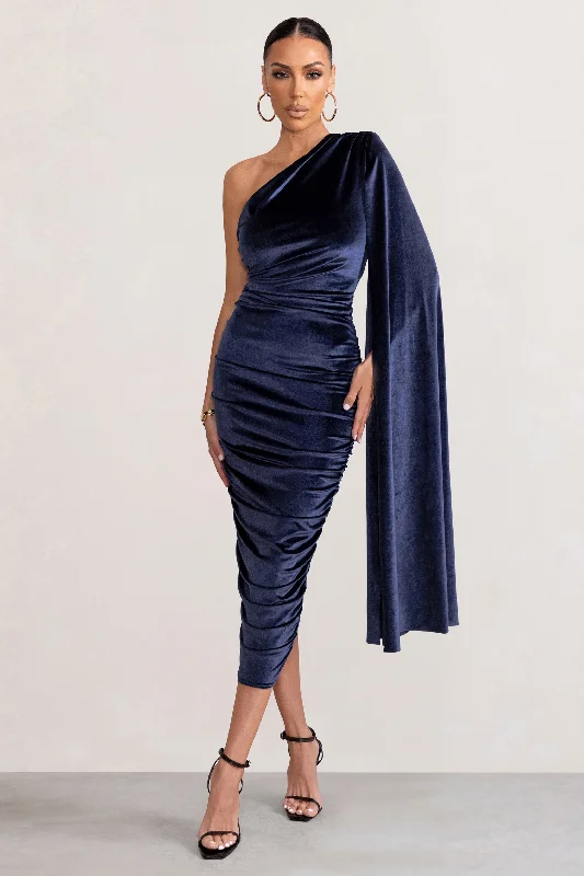 Gianna | Navy Velvet One Shoulder Cape Bodycon Midi Dress