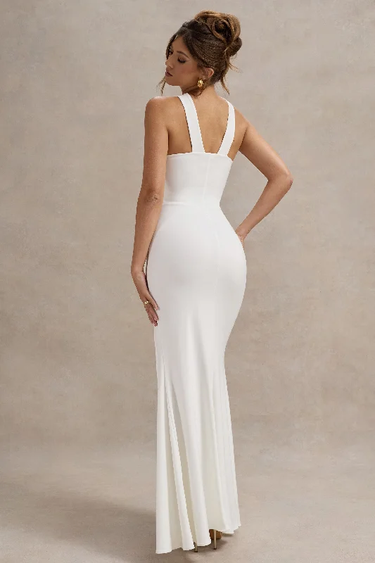 Jianna | White Cross Over Halter-Neck Split Maxi Dress