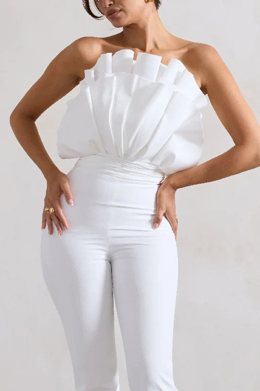 Nicia | White Ruffled Strapless Flared-Leg Jumpsuit