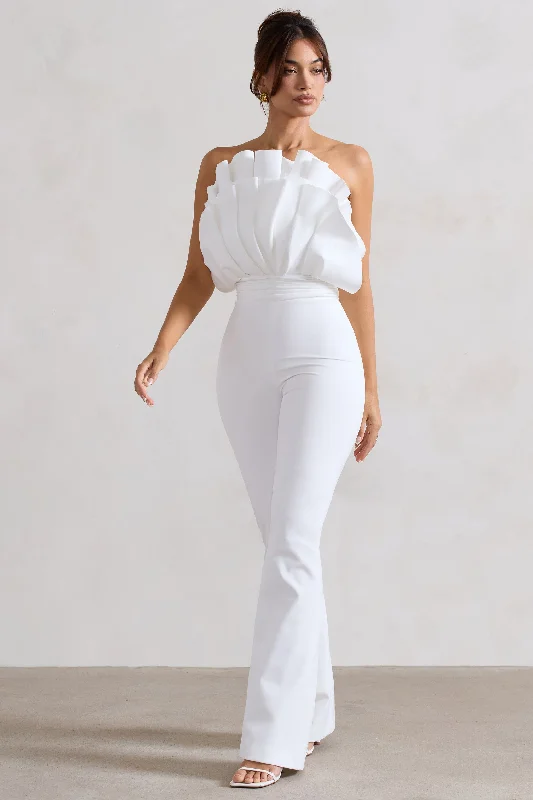 Nicia | White Ruffled Strapless Flared-Leg Jumpsuit