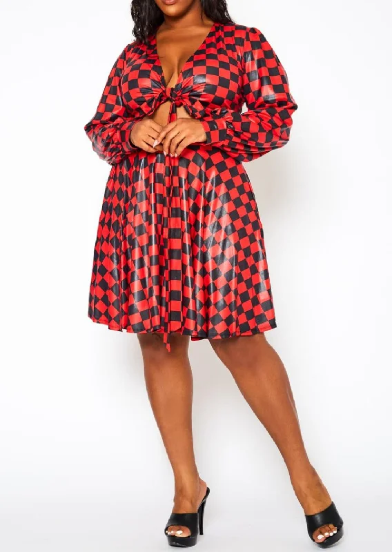 Hi Curvy Plus Size Checkered Print Wrap Top & Pleated Skirt Set