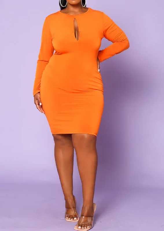 Hi Curvy Plus Size Women Keyhole Long Sleeve Bodycon Dress