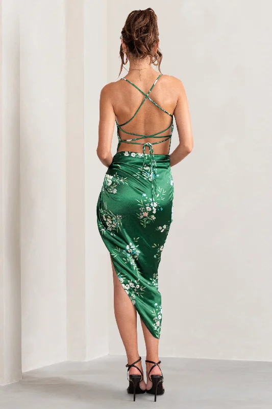 Risk It All | Green Floral Print Cami Cowl Neck Satin Asymmetric Hem Midi Dress