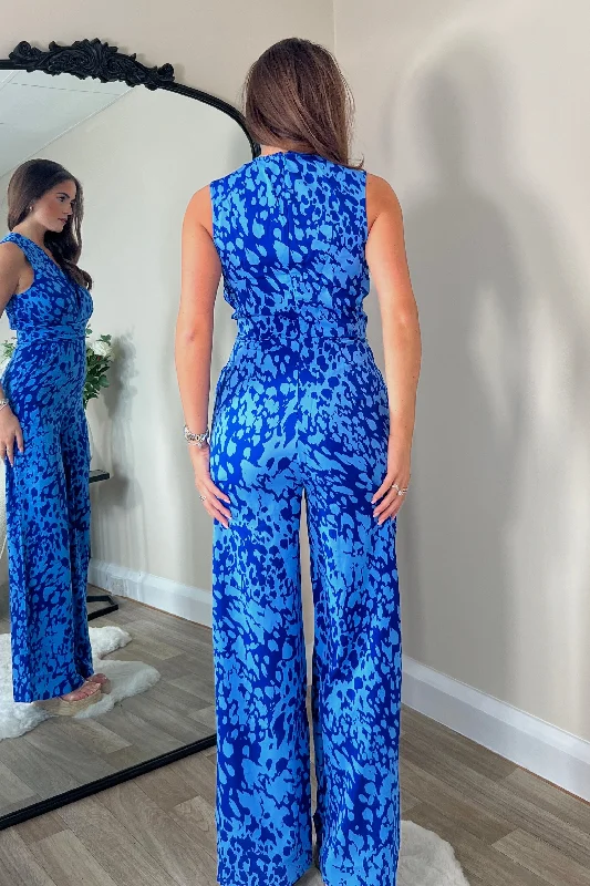 Savannah Cobalt Splash Print Twist Detail Wide Leg Jumpsuit