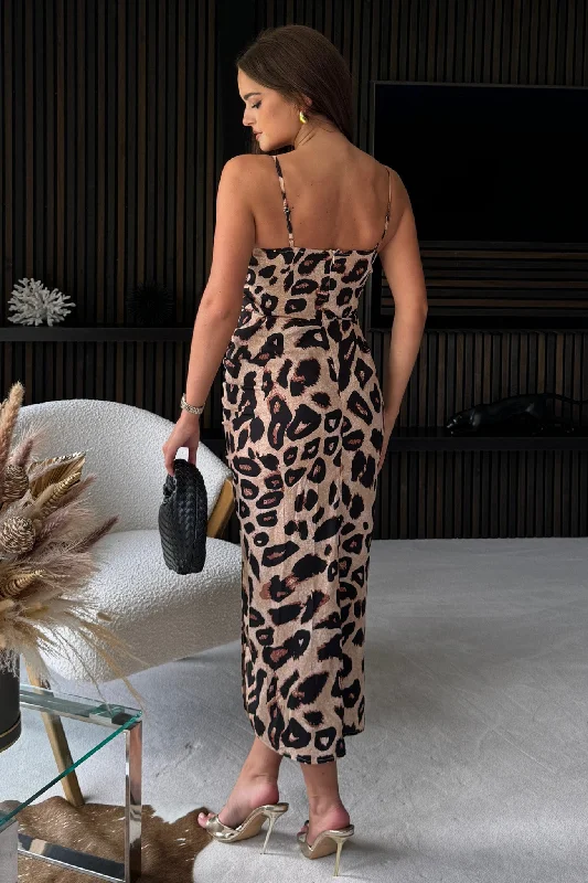 Selena Leopard Ruched Midi Dress