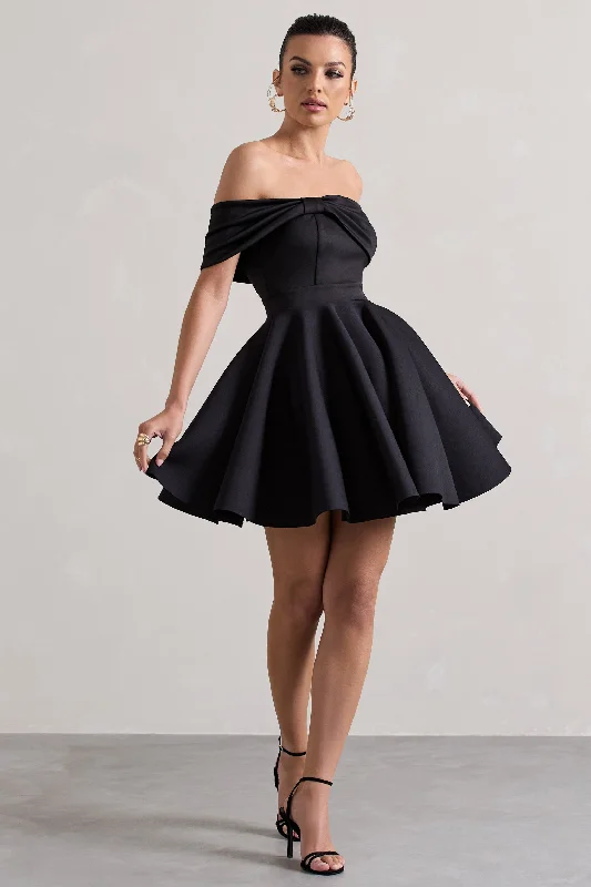 Snowfall | Black Bardot Bow Skater Mini Dress