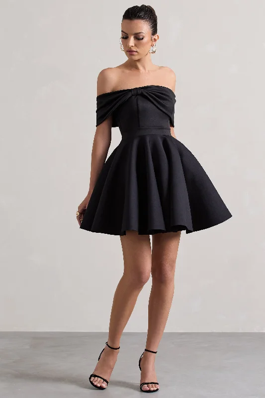 Snowfall | Black Bardot Bow Skater Mini Dress