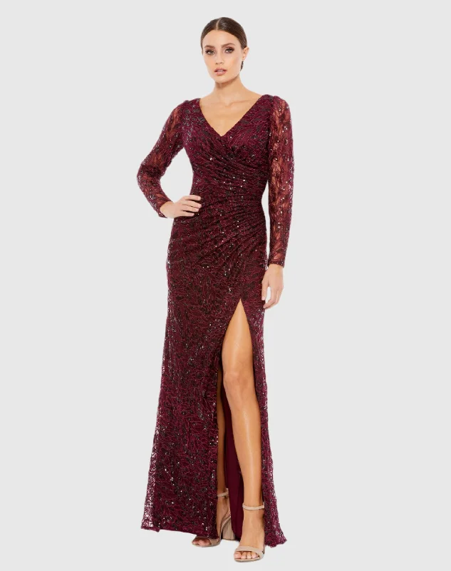 Long Sleeve Ruched Sequined V-Neck Gown