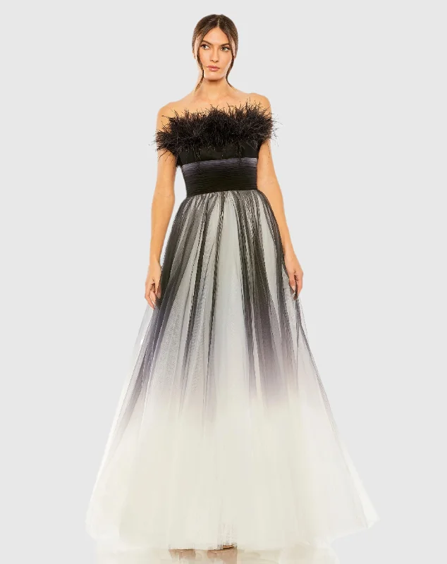 Strapless Feather Bodice Tulle Gown