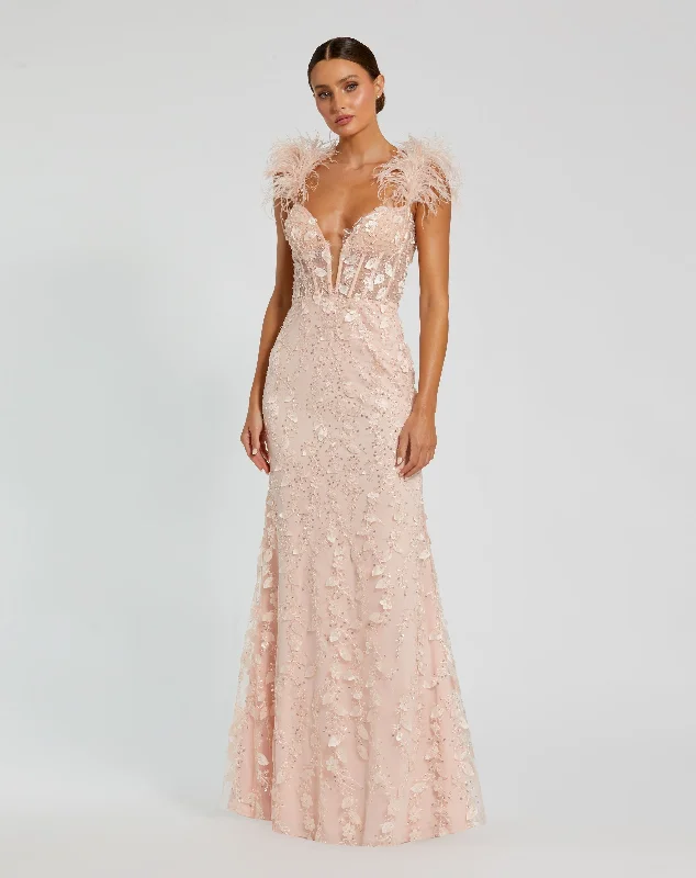 Sheer Applique Bustier Gown with Feather Straps