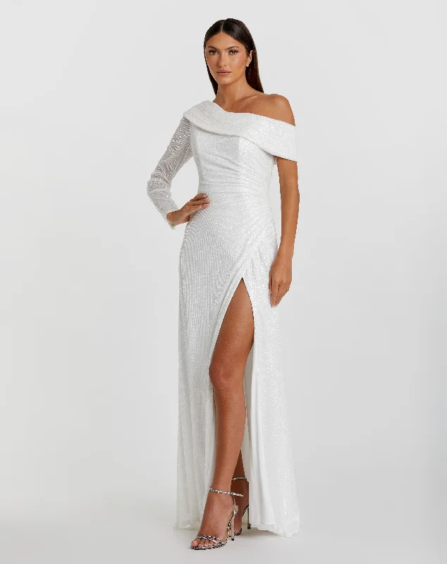 Sequined Drop Shoulder Faux Wrap Gown