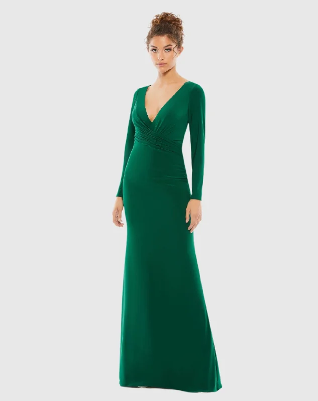 Long Sleeve Ruched Jersey V-Neck Gown