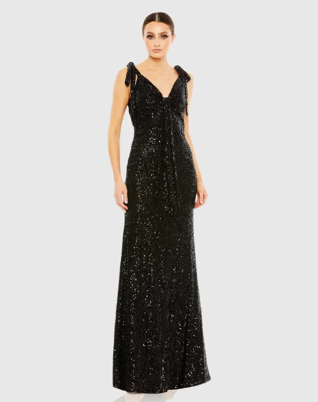 Sequined Low Back Bow Shoulder Gown - FINAL SALE