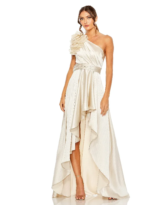 Ruffled One Shoulder Cut Out Hi-Low Gown