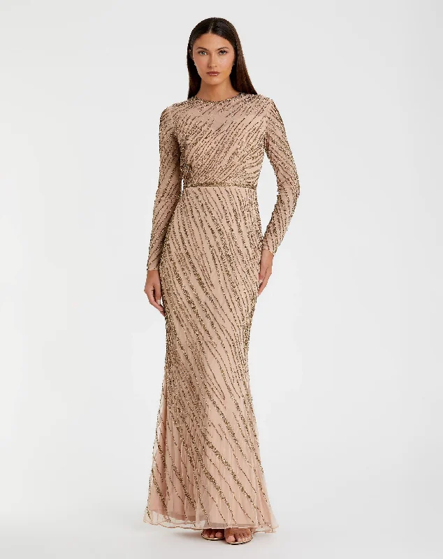 Long Sleeve Beaded Column Gown