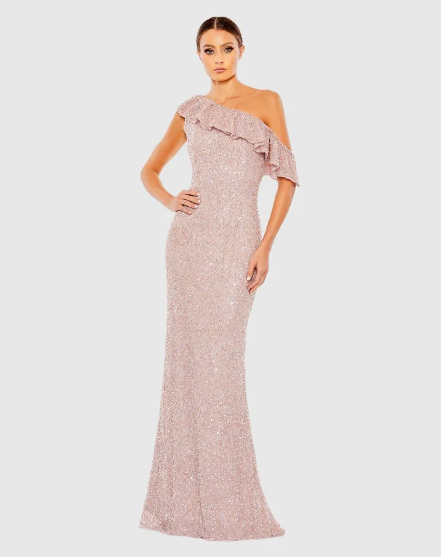 Sequined Drop Shoulder Trumpet Gown