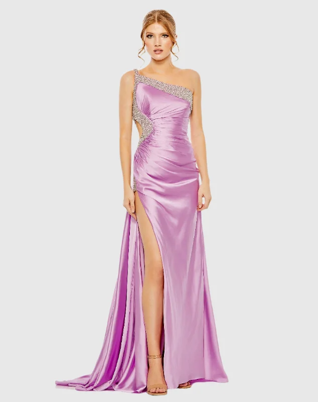 Ruched One Shoulder Side Cutout Embellished Satin Gown