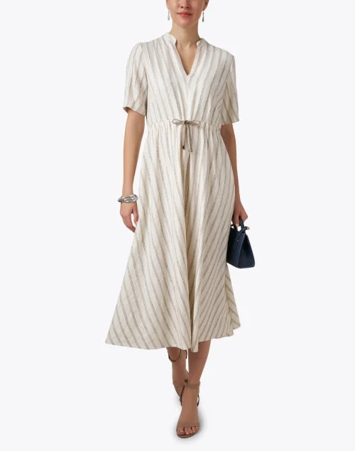 Beige Lurex Striped Cotton Dress