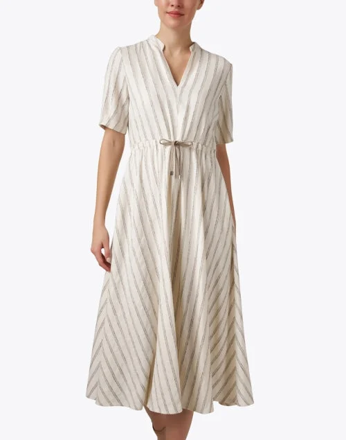 Beige Lurex Striped Cotton Dress