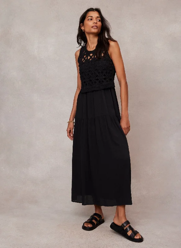 Black Crochet Cotton Midi Dress