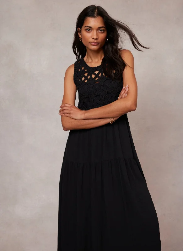 Black Crochet Cotton Midi Dress