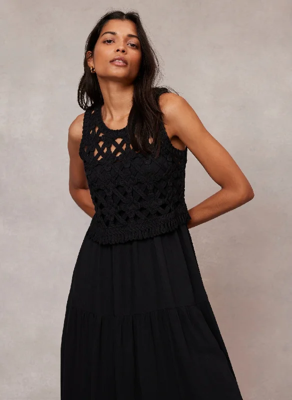 Black Crochet Cotton Midi Dress