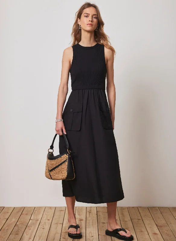 Black Jersey Cargo Midi Dress